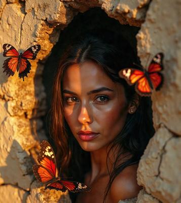 The primary subject of the image is a woman with long hair, who is posing for a picture. She is surrounded by butterflies, with some of them flying around her and others resting on her. The setting is an outdoor environment, with a rock wall in the background. The visual style of the image is a combination of photo and digital art, creating a unique and artistic representation of the woman and the butterflies. The colors and mood of the image are vibrant and lively, with the